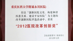 卫生部“2012医院改革创新奖”奖牌